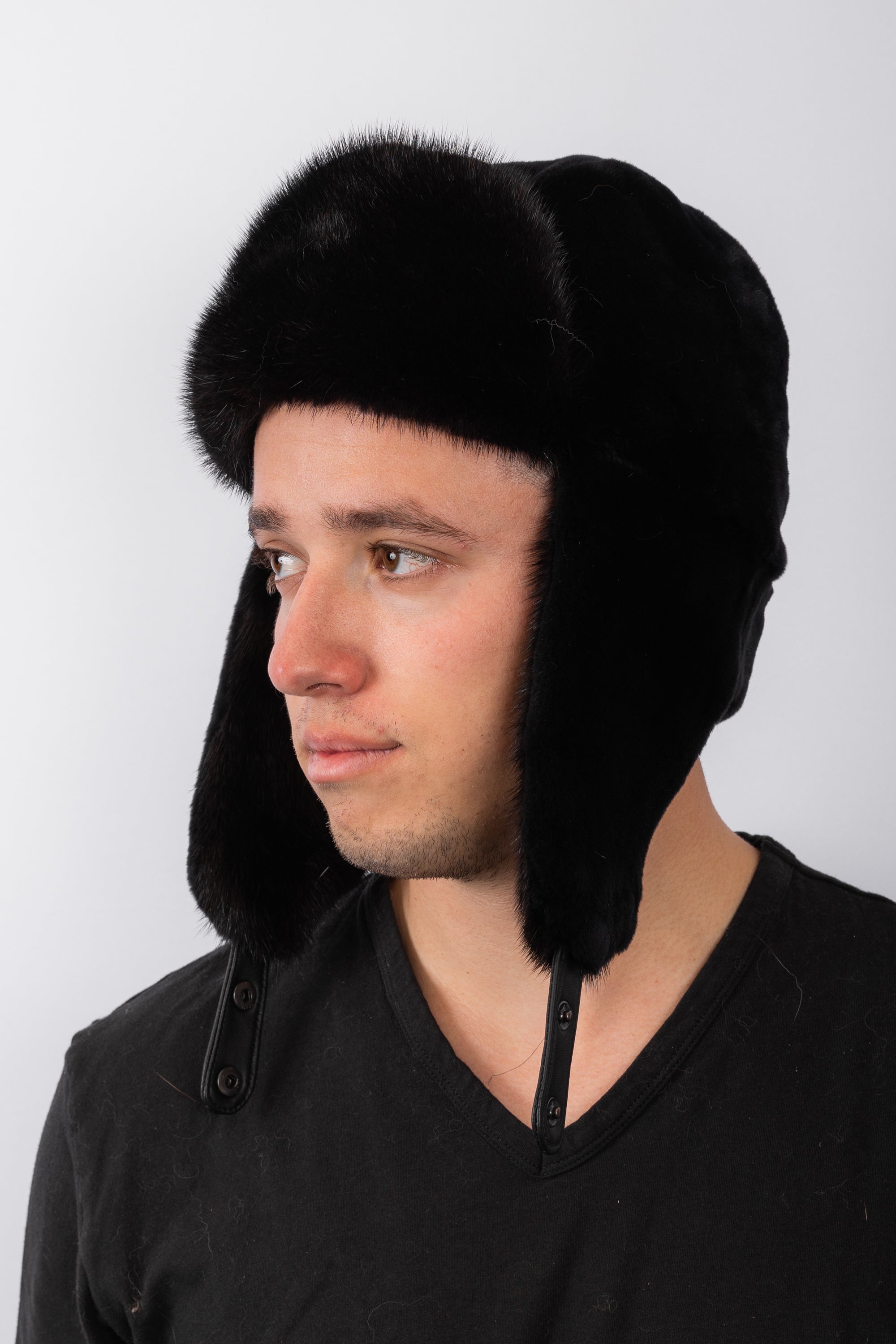 Black Sheared Mink Bomber Hat with Black Mink Fur Trim