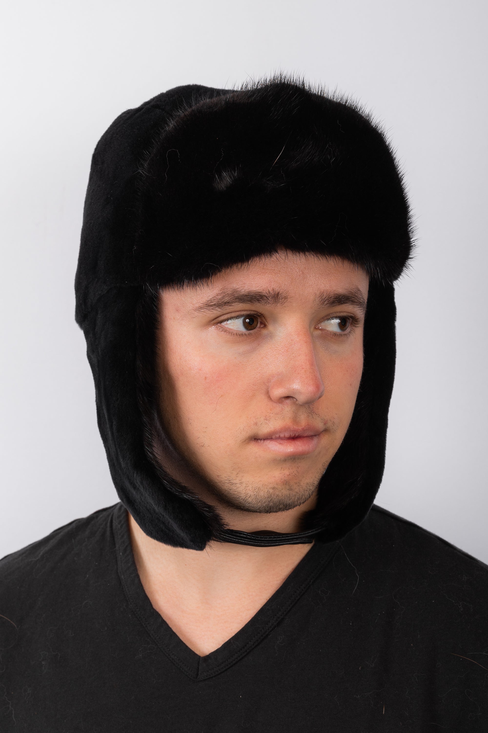 Black Sheared Mink Bomber Hat with Black Mink Fur Trim