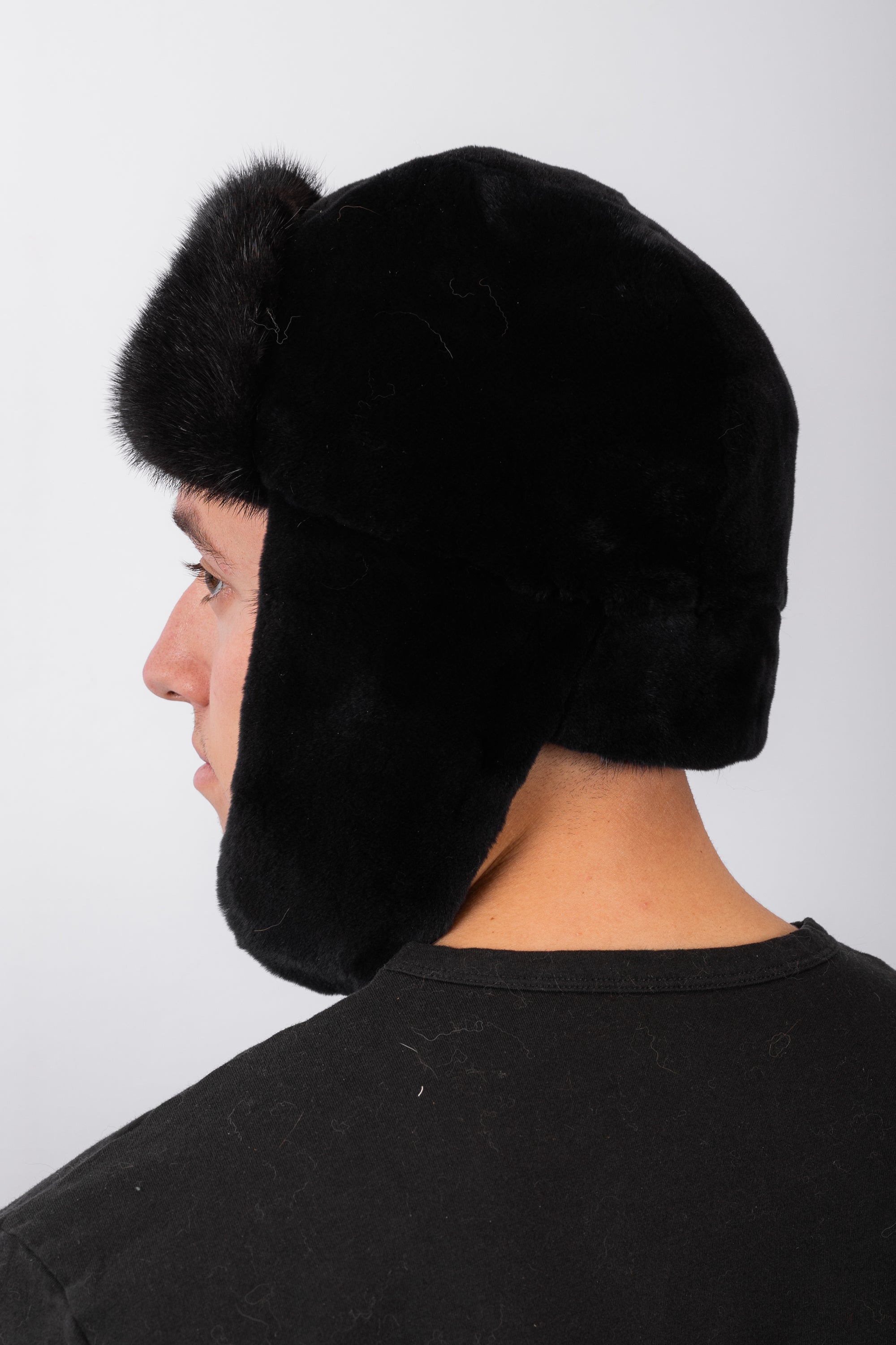 Black Sheared Mink Bomber Hat with Black Mink Fur Trim
