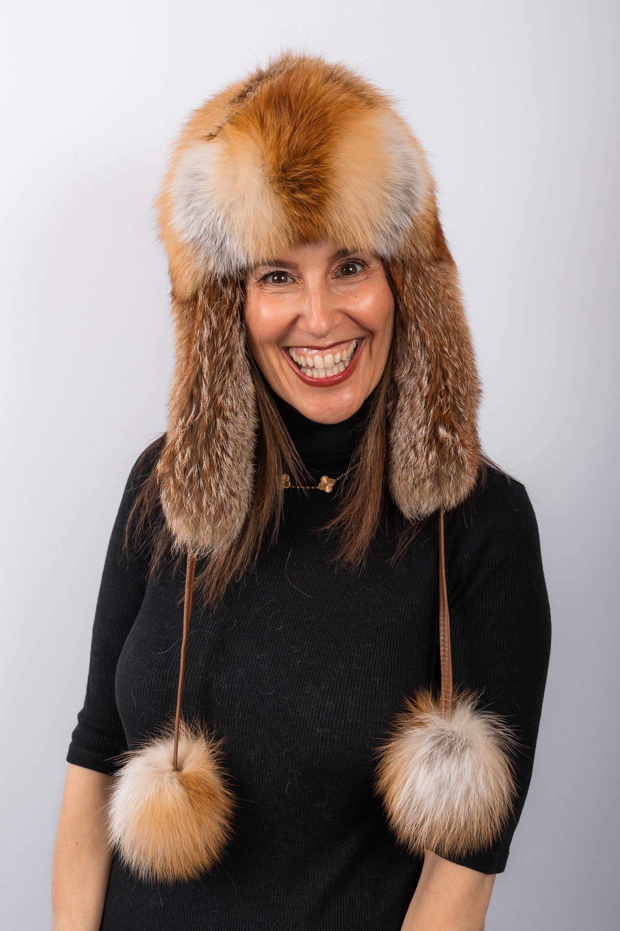 Natural Red Fox Musher Hat w/Pom-Pom