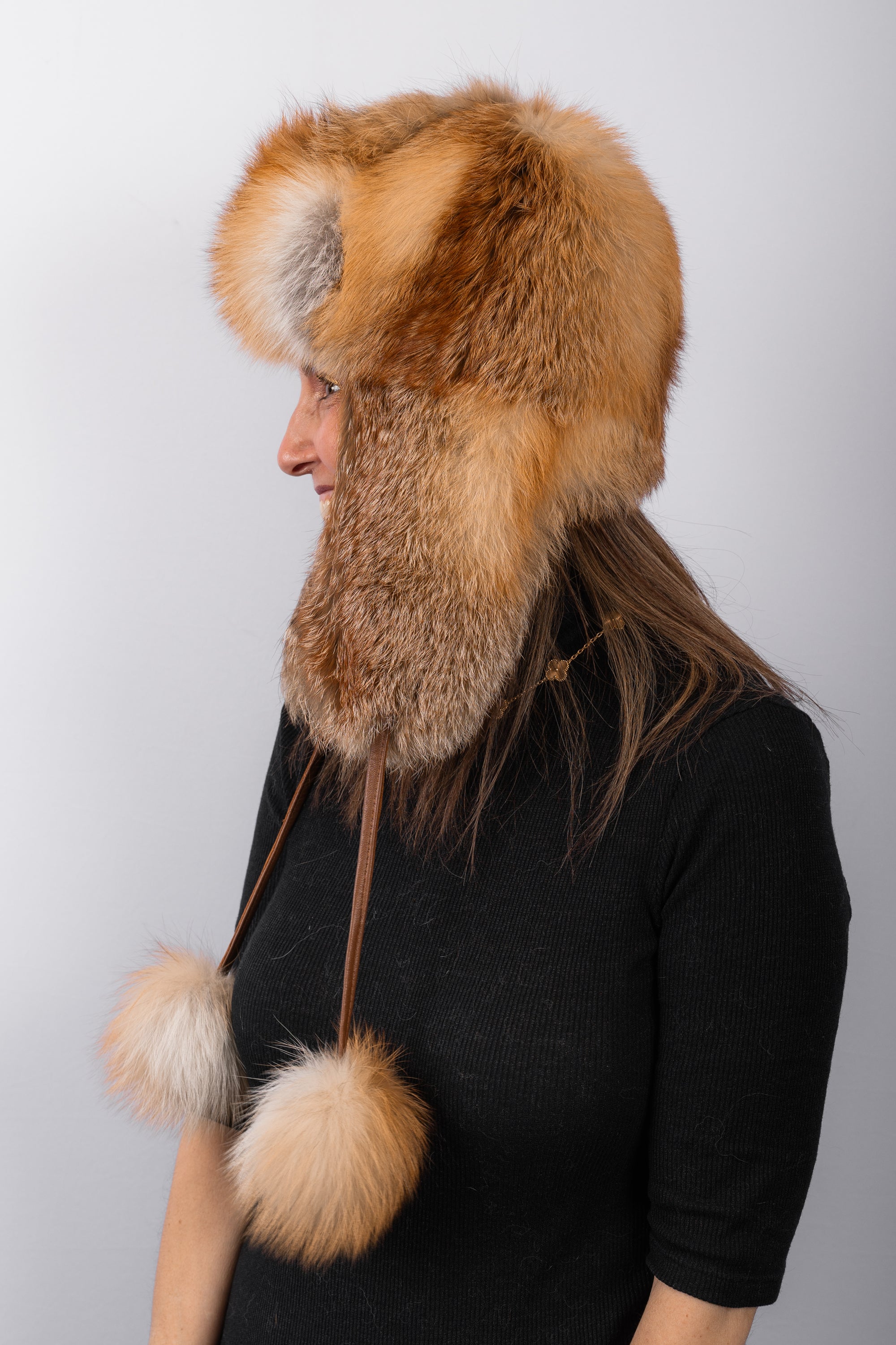 Natural Red Fox Musher Hat w/Pom-Pom