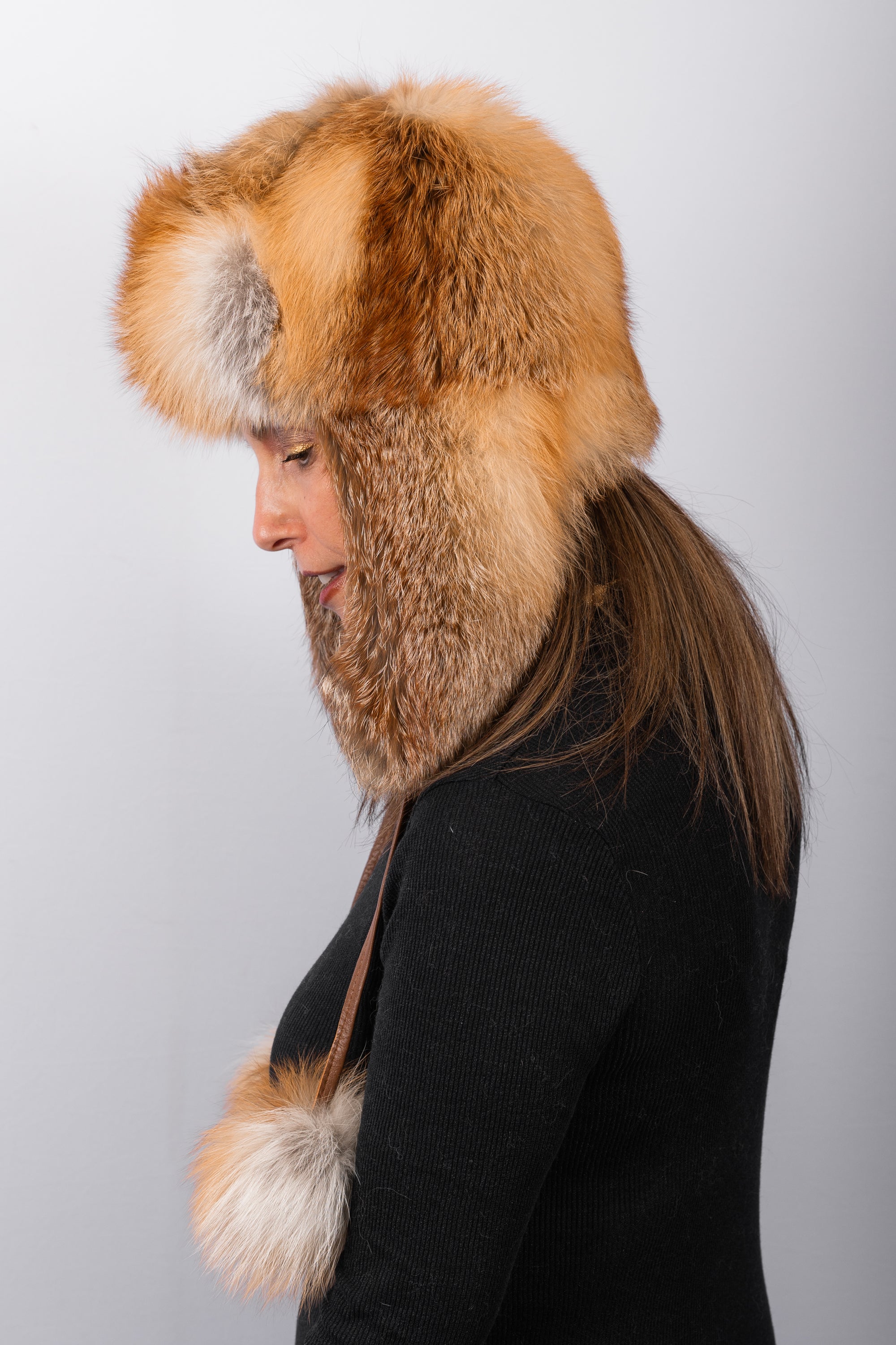 Natural Red Fox Musher Hat w/Pom-Pom