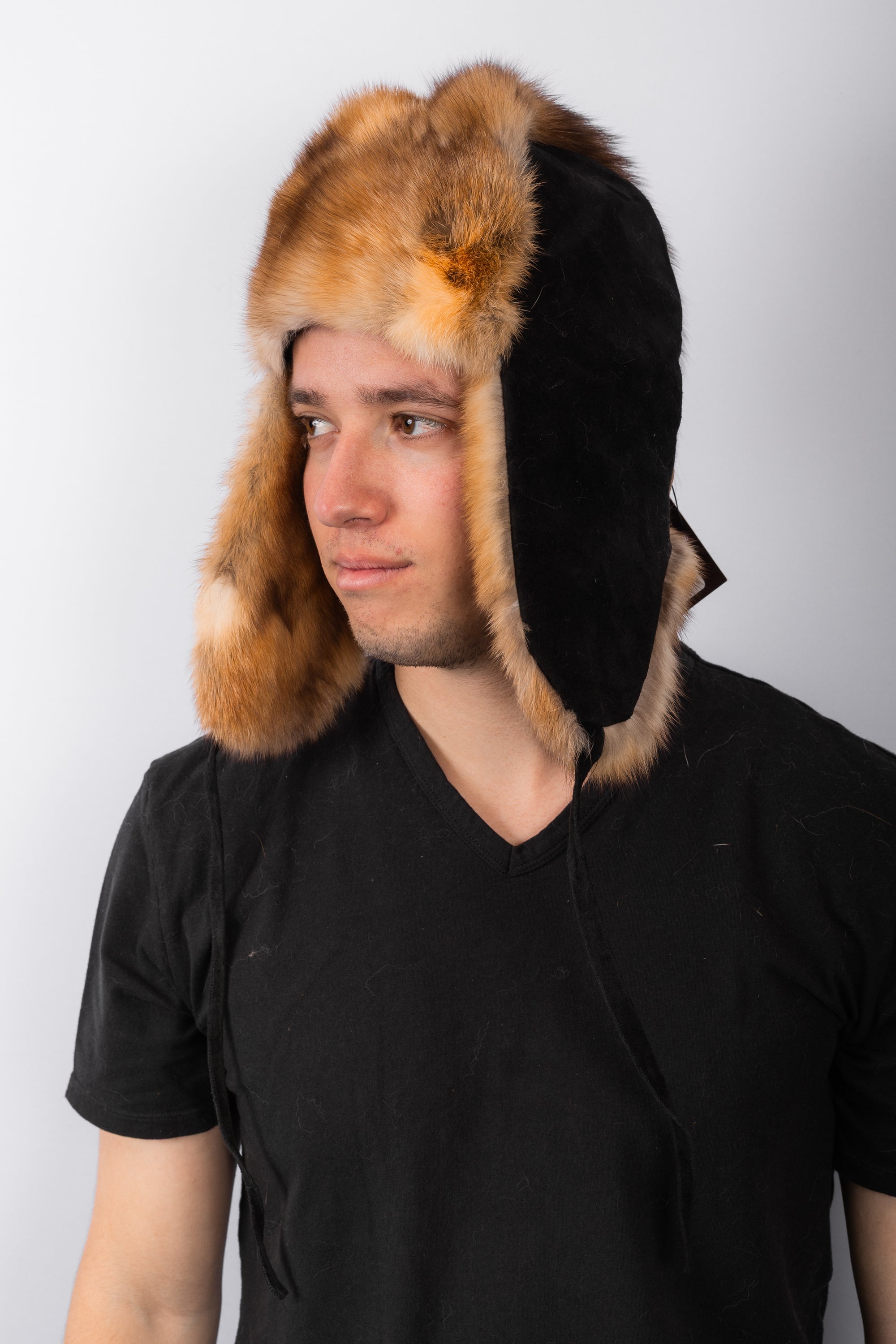 Black Suede Musher Hat with Marten Fur Trim with Tail