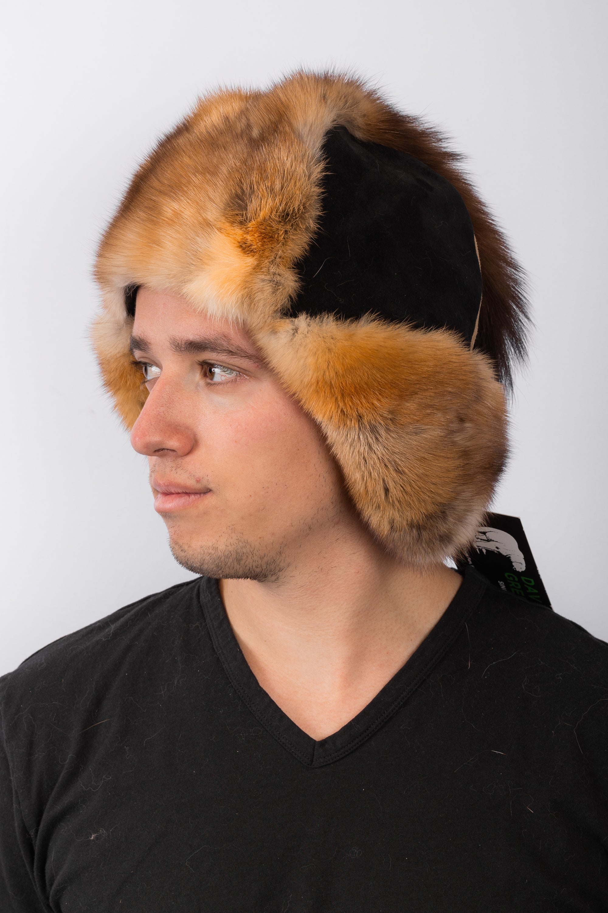 Black Suede Musher Hat with Marten Fur Trim with Tail