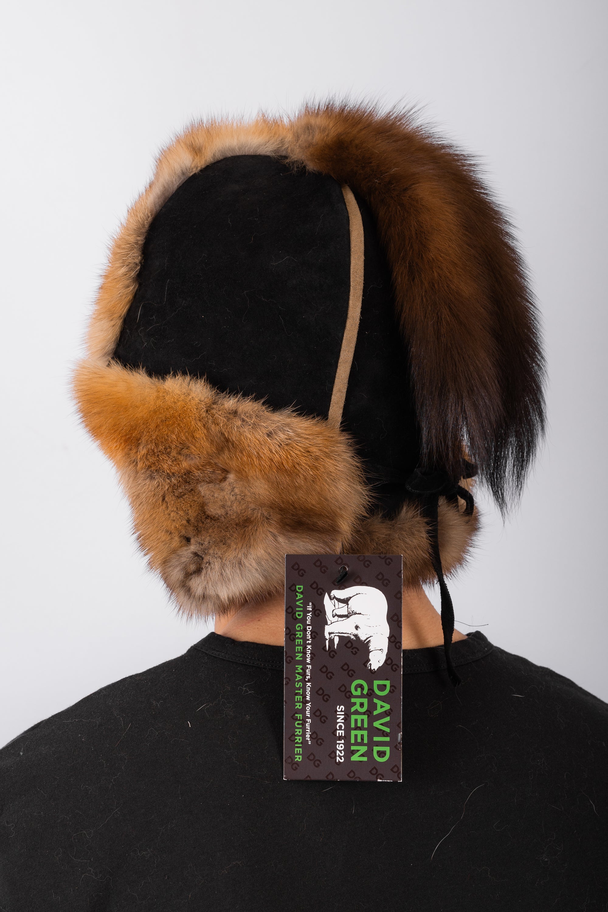Black Suede Musher Hat with Marten Fur Trim with Tail