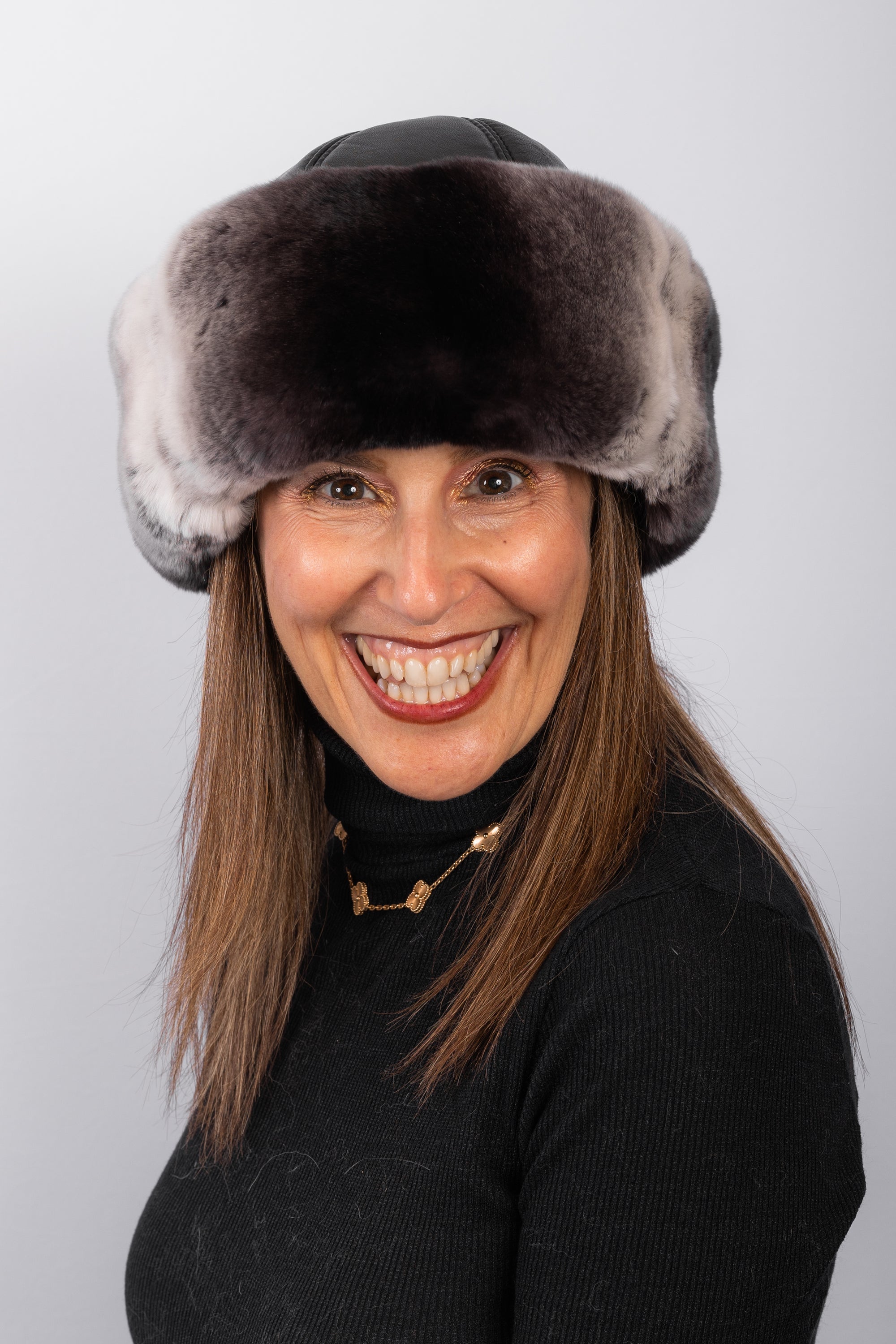 Black Lamb Leather Hat with Chinchilla Rex Rabbit Fur Trim