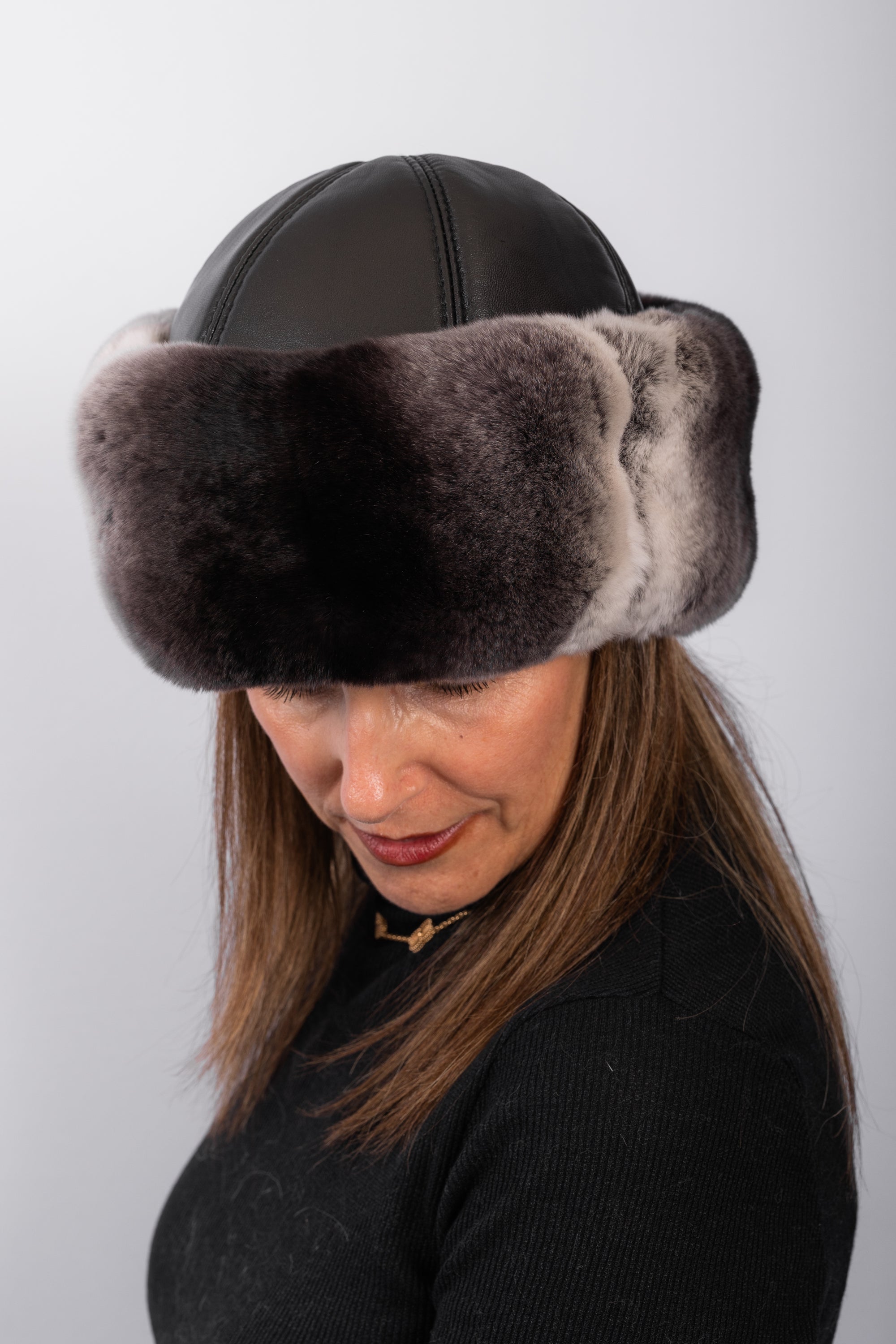 Black Lamb Leather Hat with Chinchilla Rex Rabbit Fur Trim