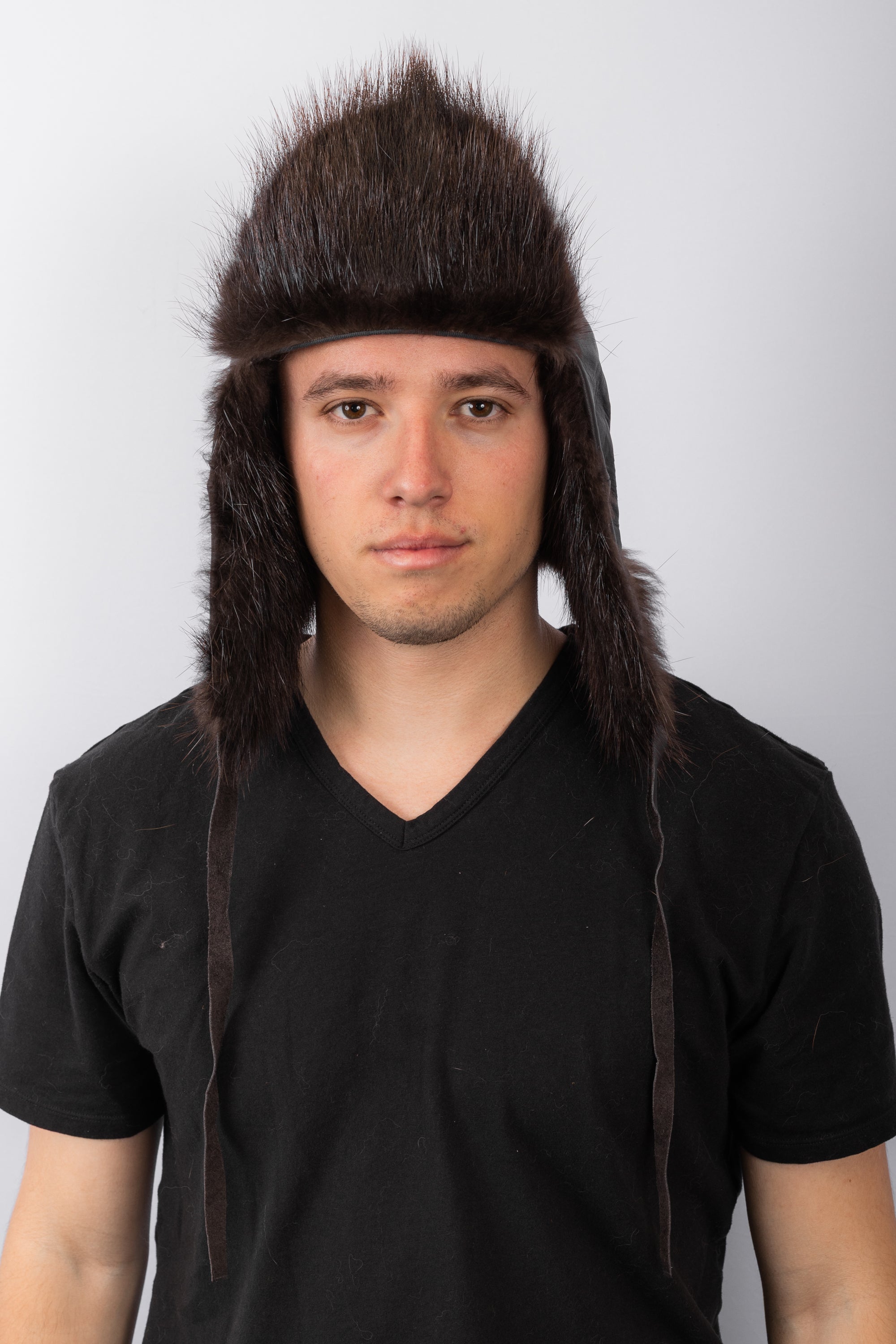 Chocolate Lamb Leather Musher Hat with Natural Beaver Fur Trim