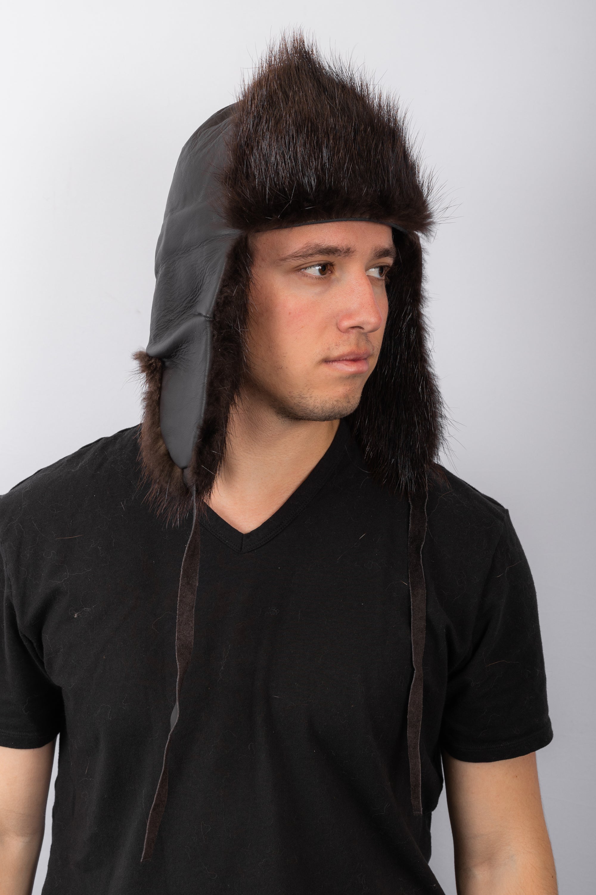 Chocolate Lamb Leather Musher Hat with Natural Beaver Fur Trim