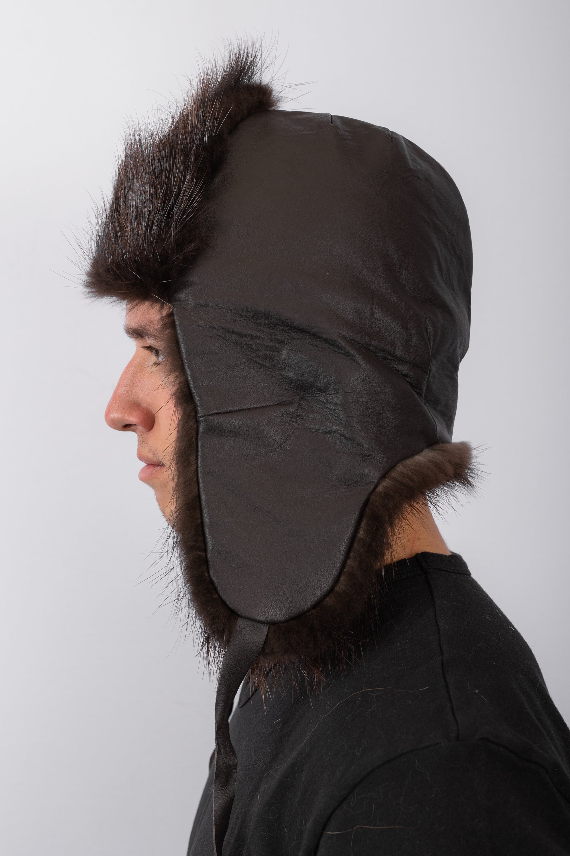 Chocolate Lamb Leather Musher Hat with Natural Beaver Fur Trim