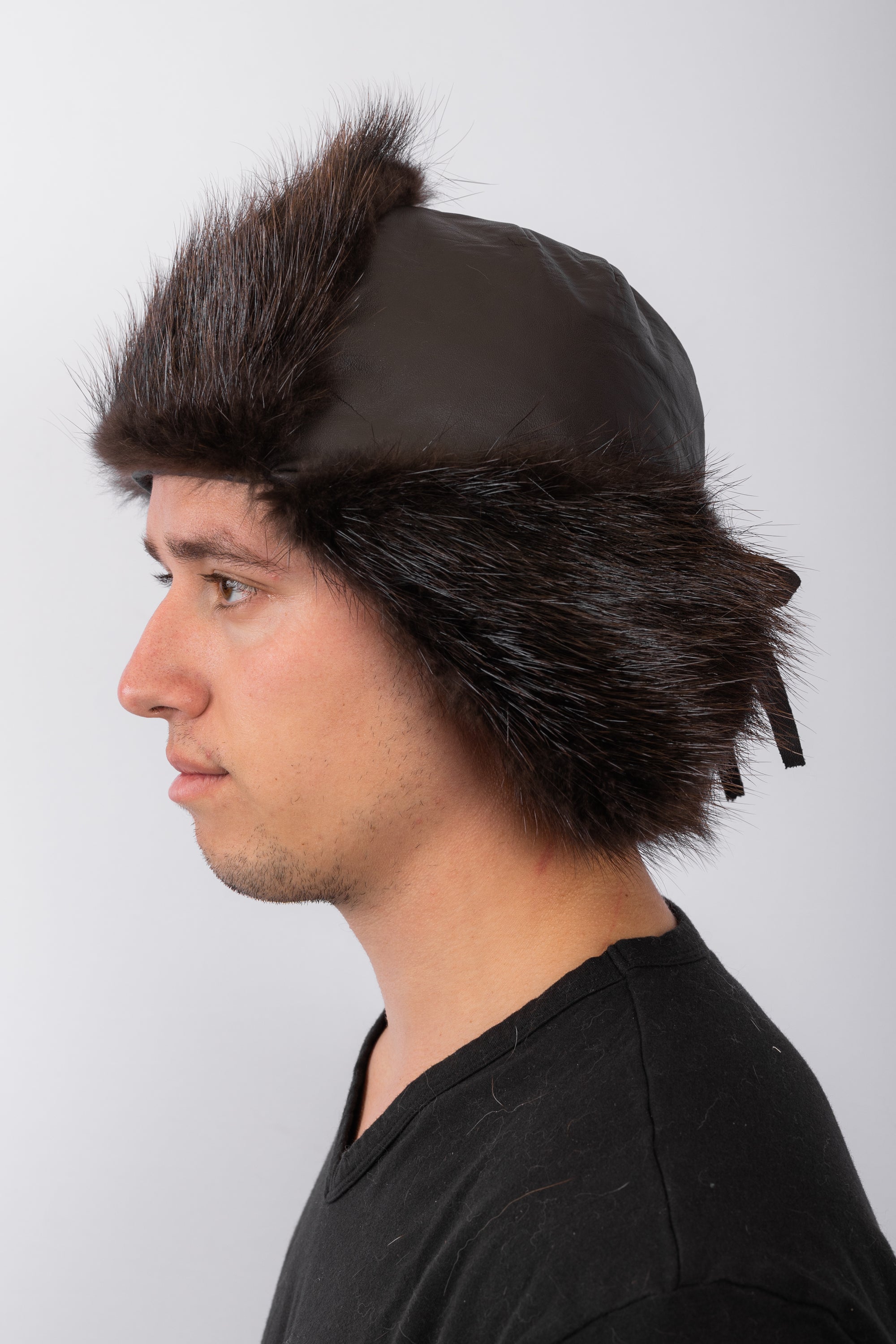 Chocolate Lamb Leather Musher Hat with Natural Beaver Fur Trim