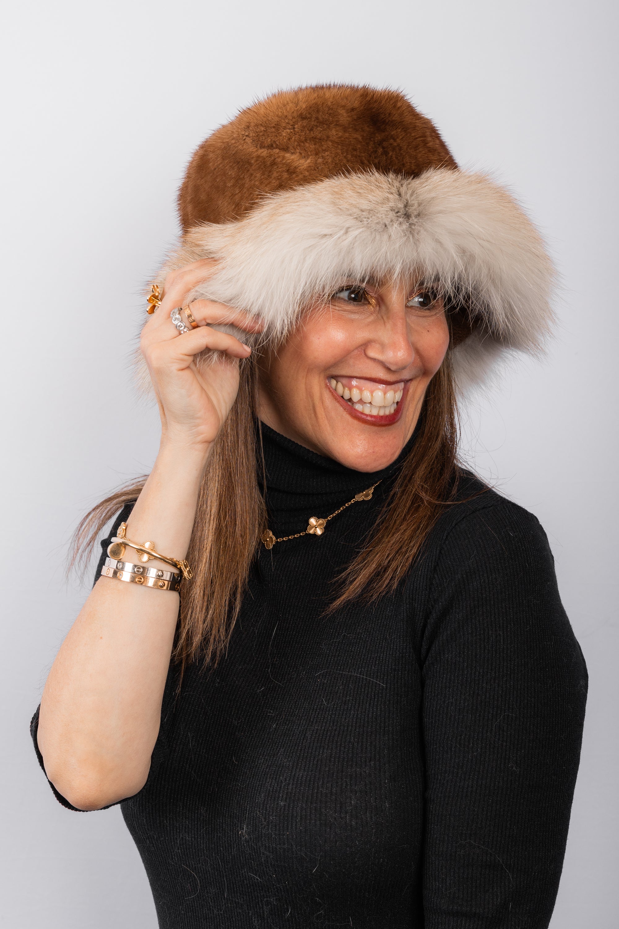 Whiskey Mink Hat with Golden Fox Fur Trim