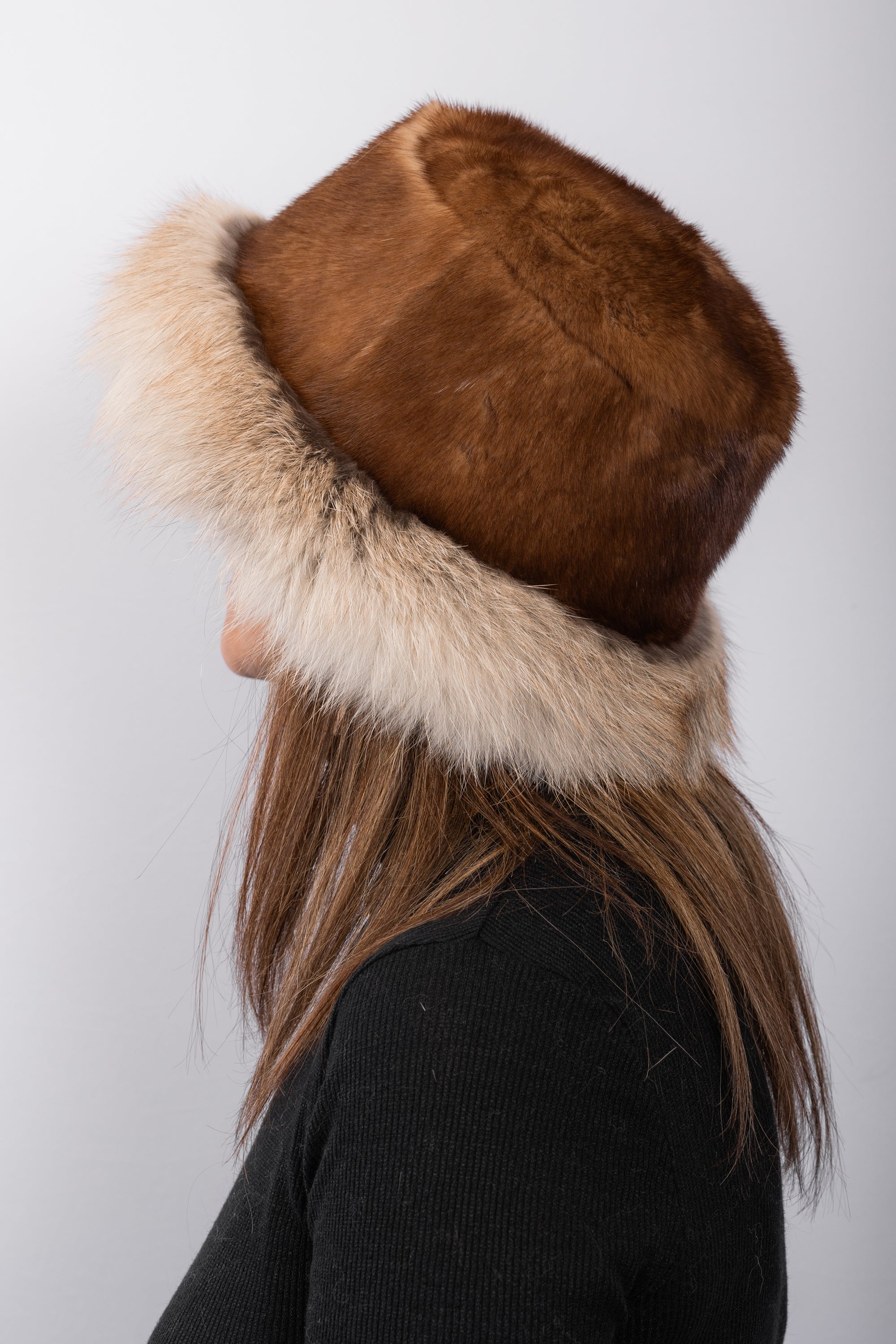 Whiskey Mink Hat with Golden Fox Fur Trim