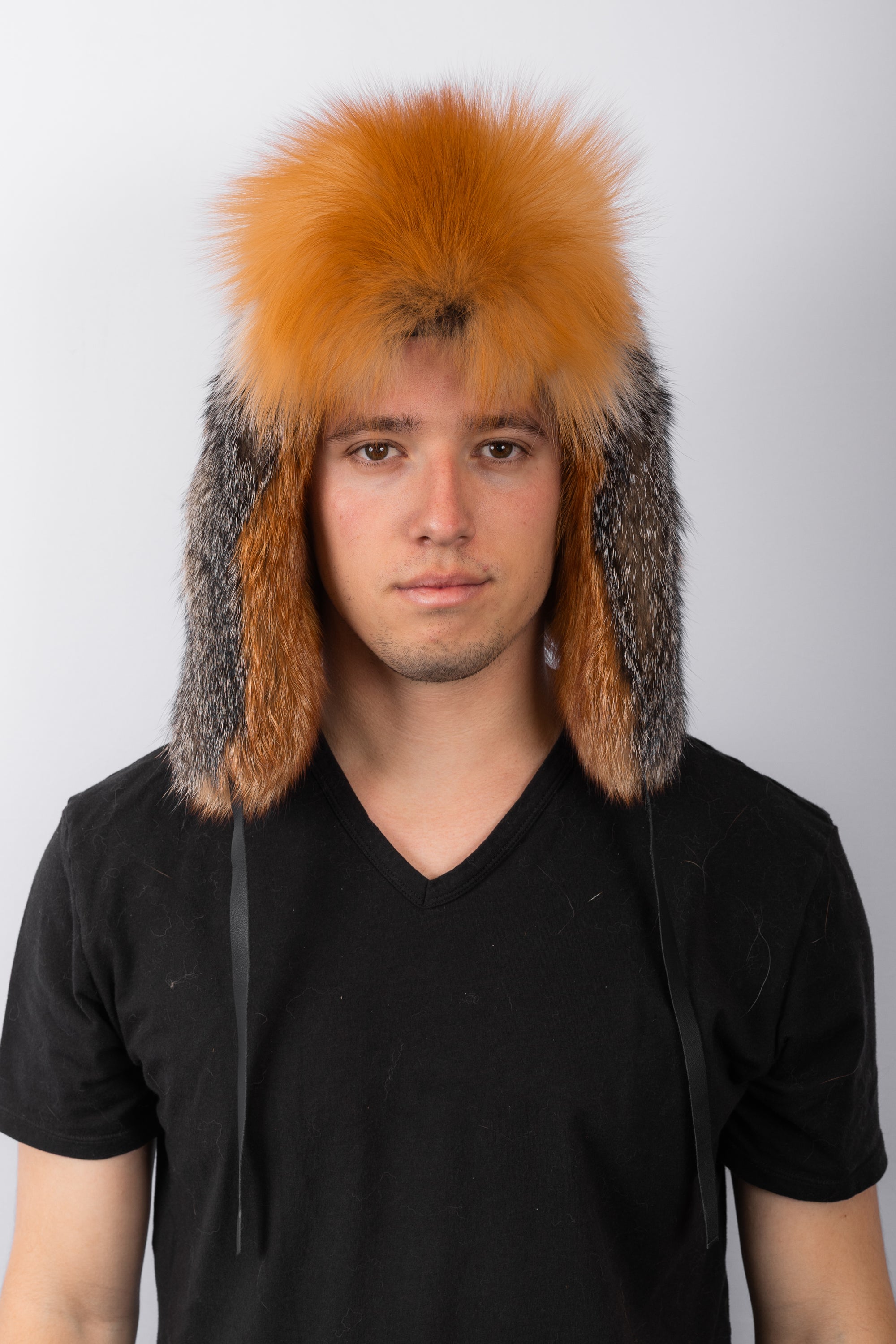 Natural Grey Fox Musher Hat with Red Fox Fur Trim