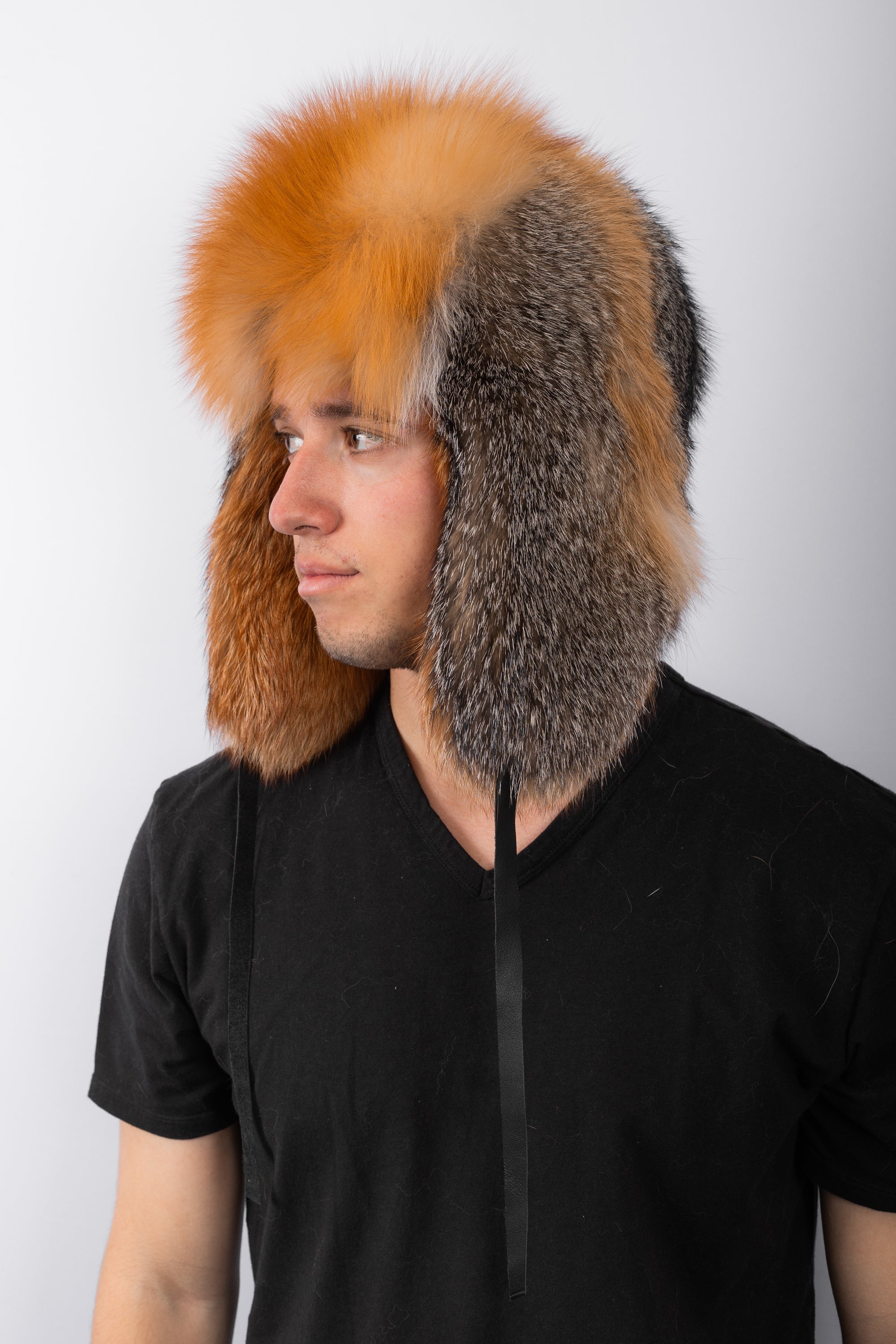 Natural Grey Fox Musher Hat with Red Fox Fur Trim