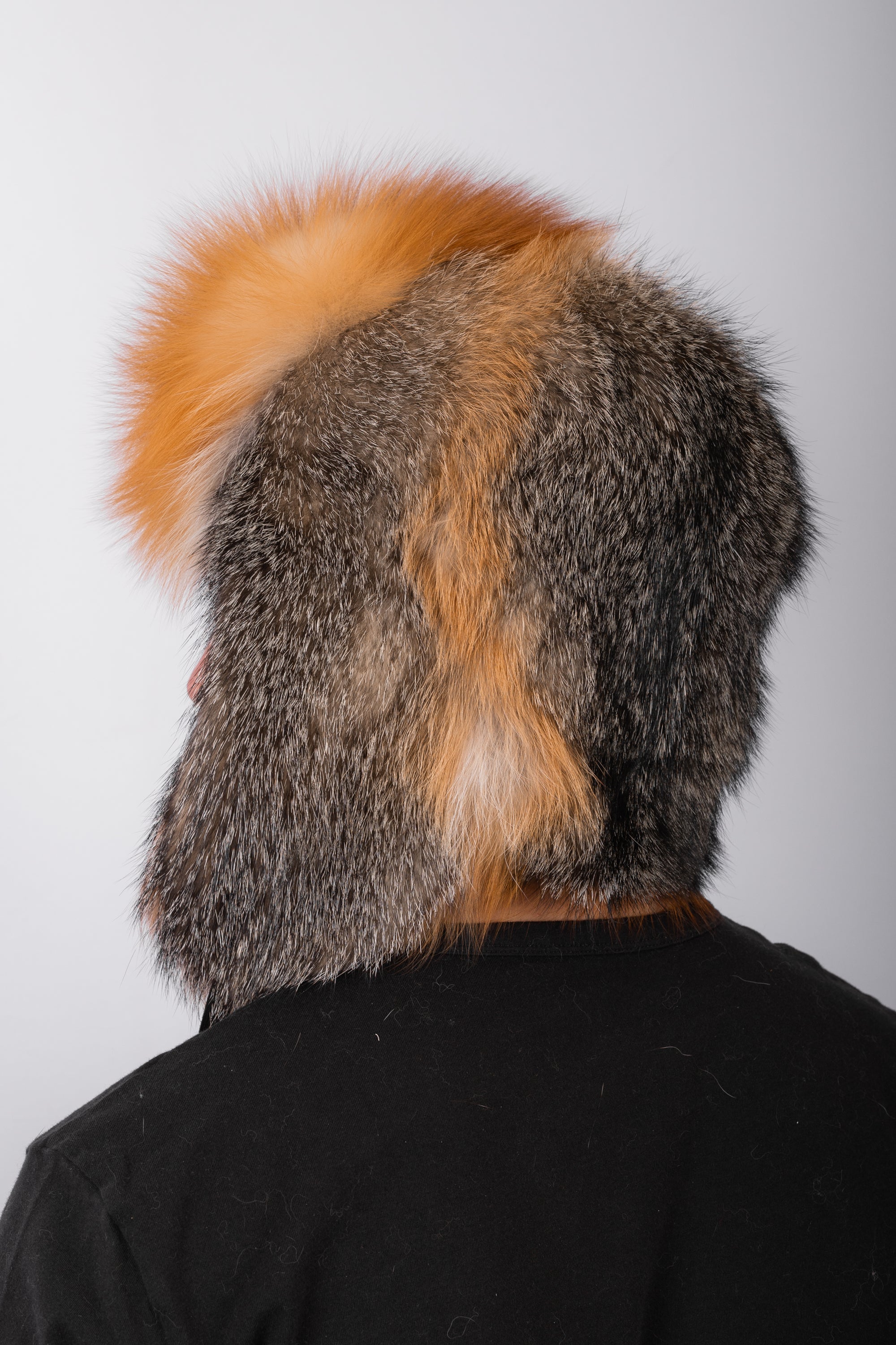 Natural Grey Fox Musher Hat with Red Fox Fur Trim