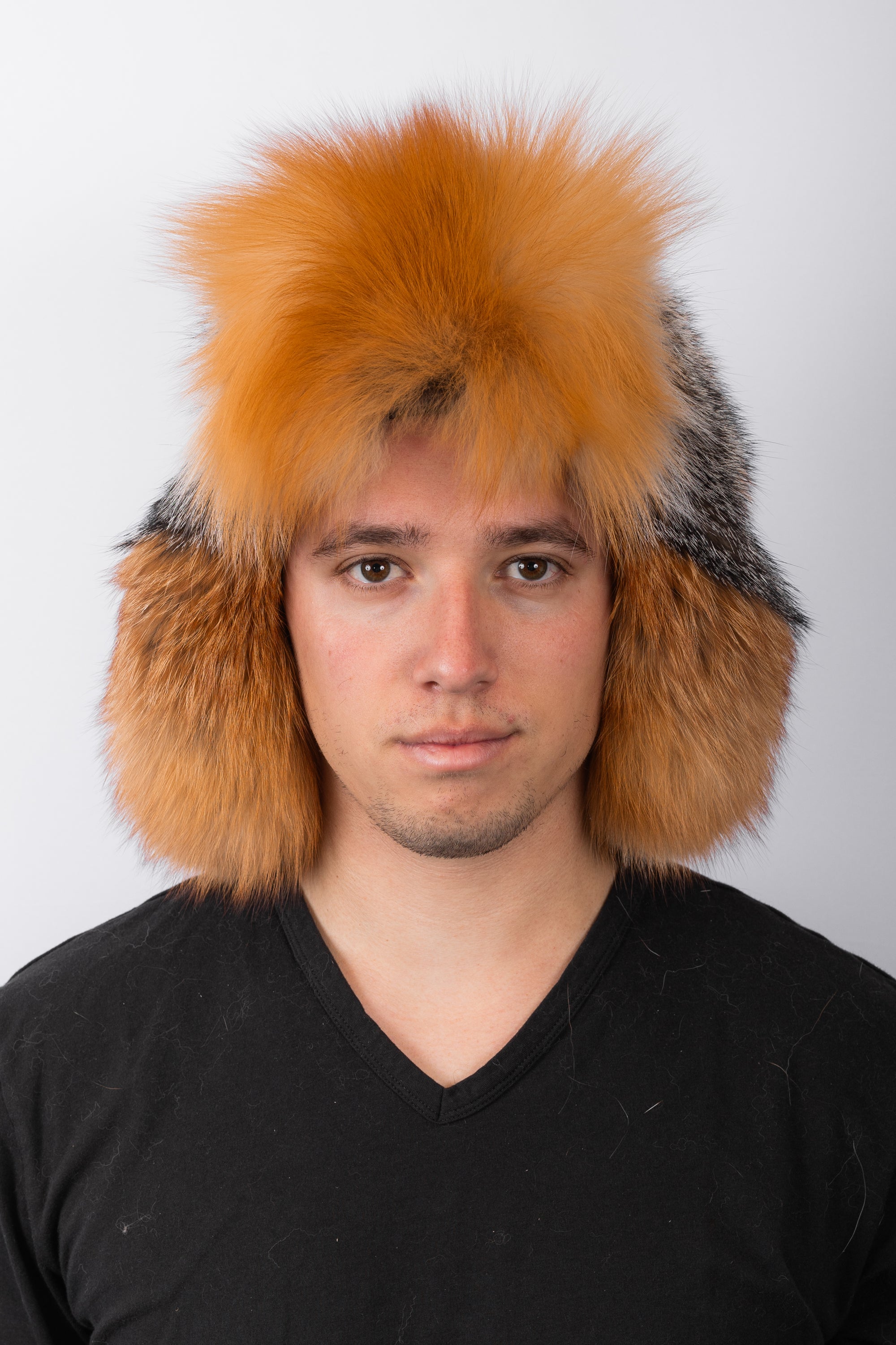 Natural Grey Fox Musher Hat with Red Fox Fur Trim
