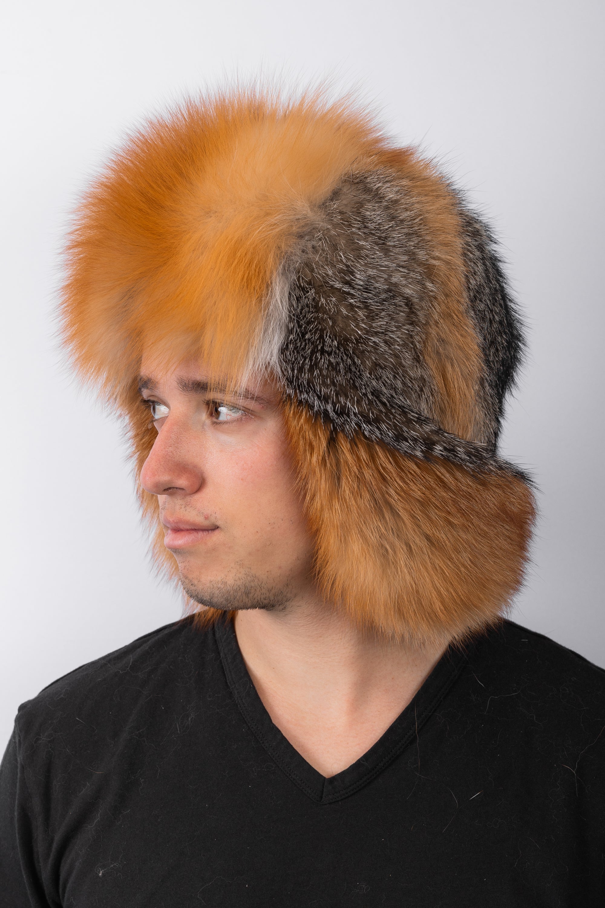 Natural Grey Fox Musher Hat with Red Fox Fur Trim