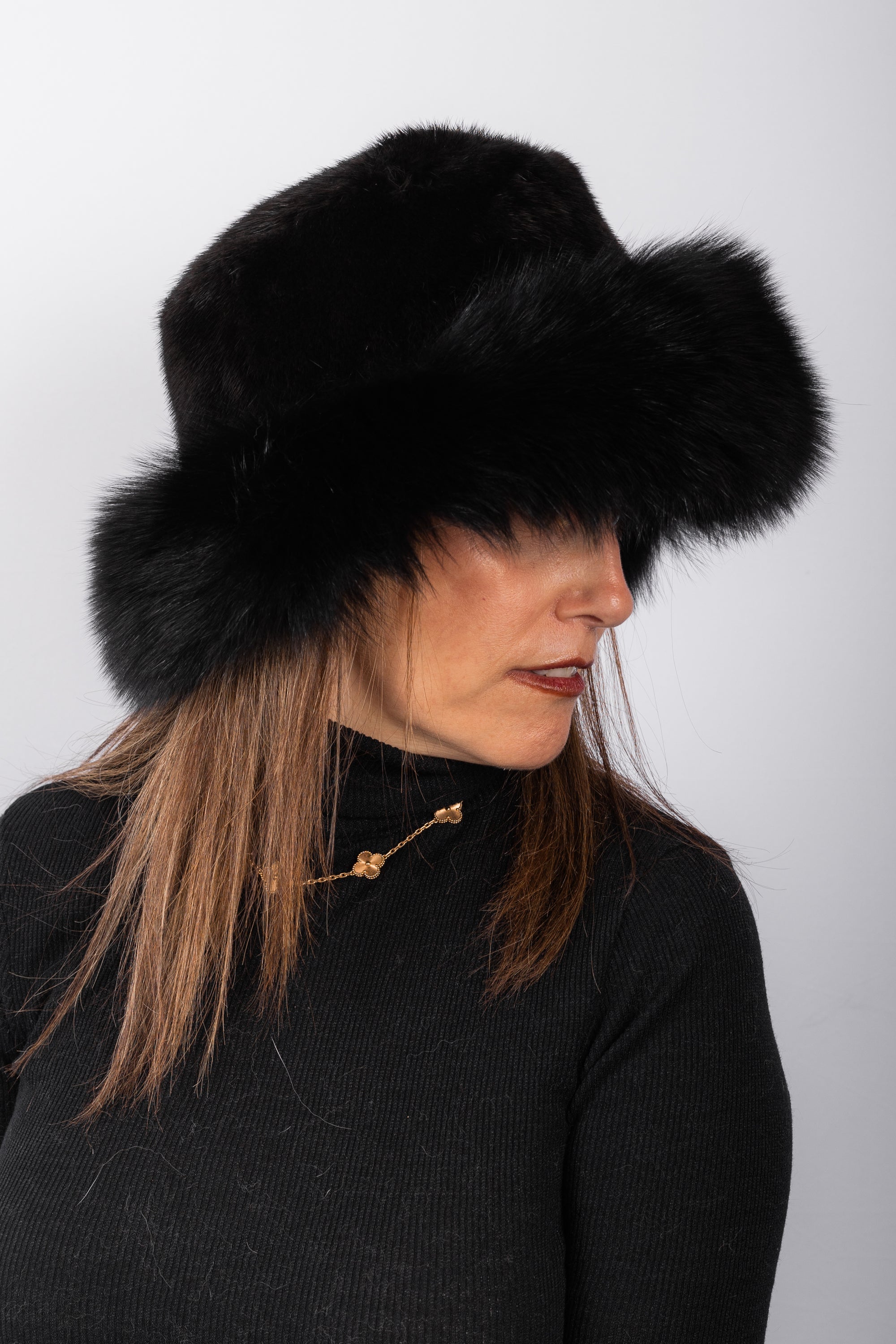 Black Mink Hat with Black Fox Fur Trim