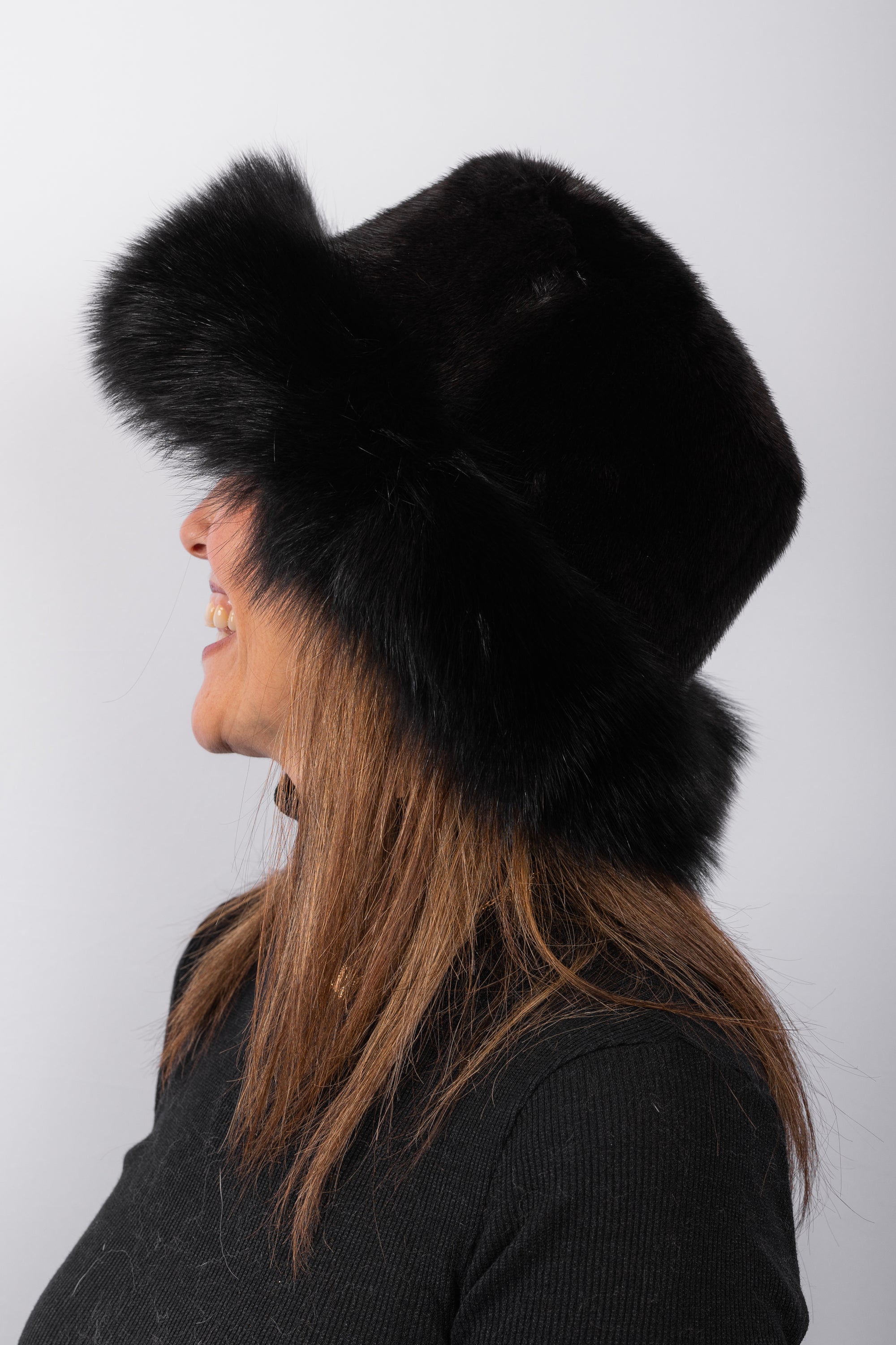 Black Mink Hat with Black Fox Fur Trim