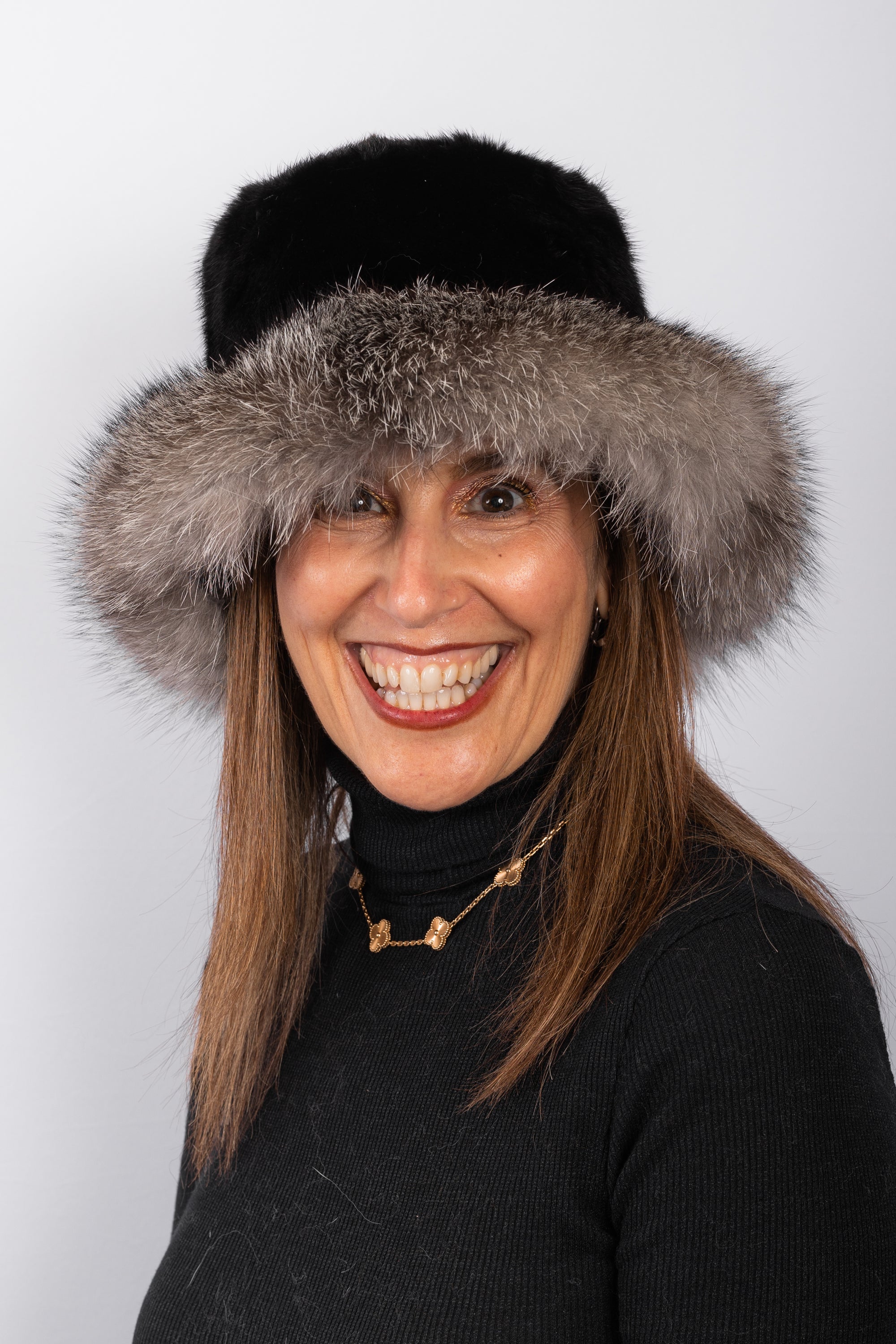 Black Mink Hat with Indigo Fox Fur Trim