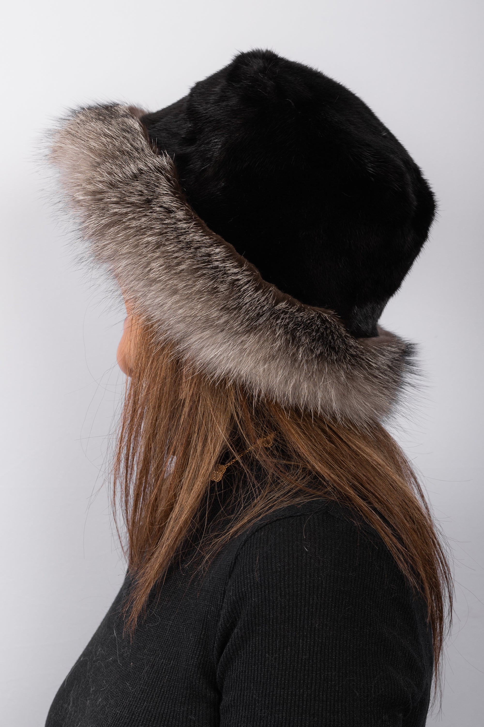 Black Mink Hat with Indigo Fox Fur Trim