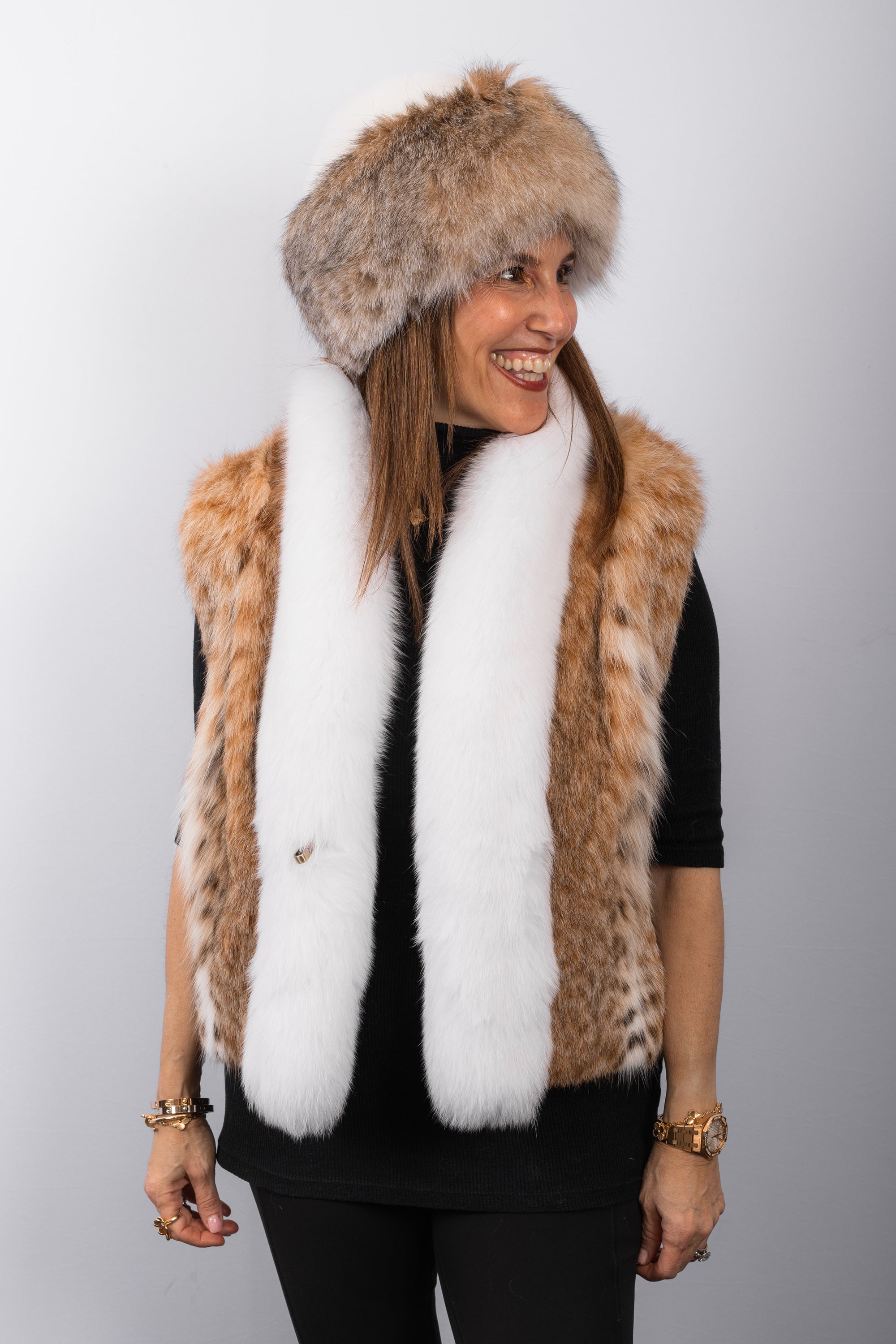 Natural Lynx Cat Vest with White Fox Fur Trim