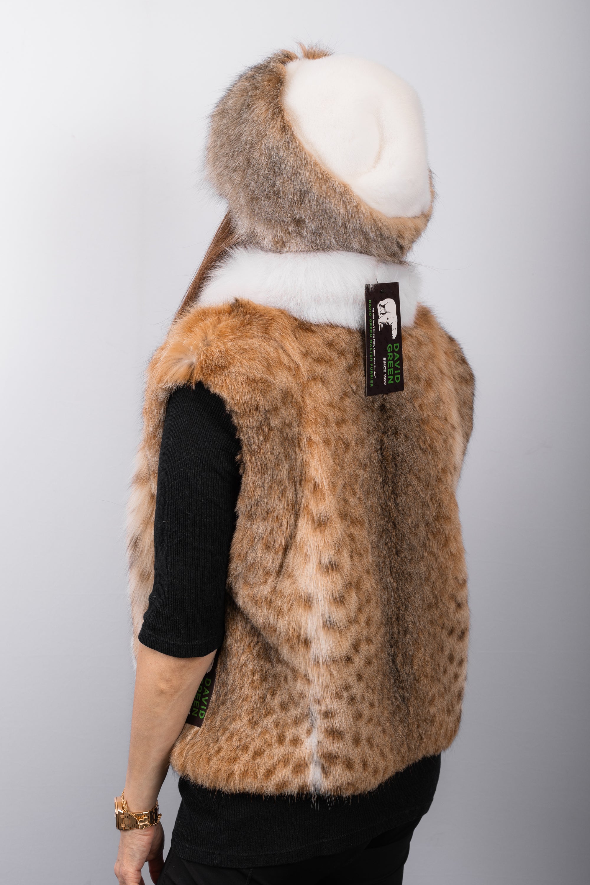 Natural Lynx Cat Vest with White Fox Fur Trim