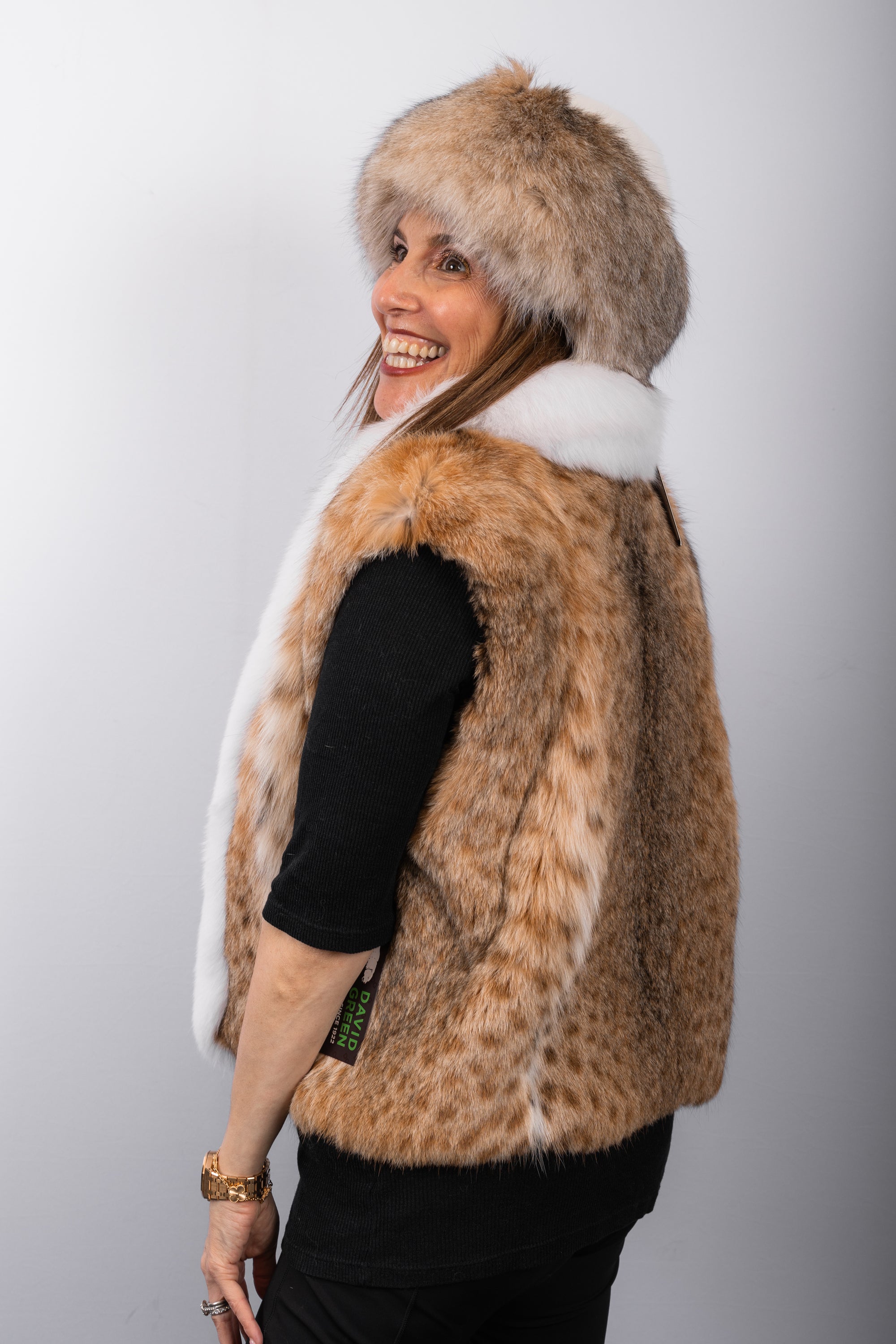 Natural Lynx Cat Vest with White Fox Fur Trim