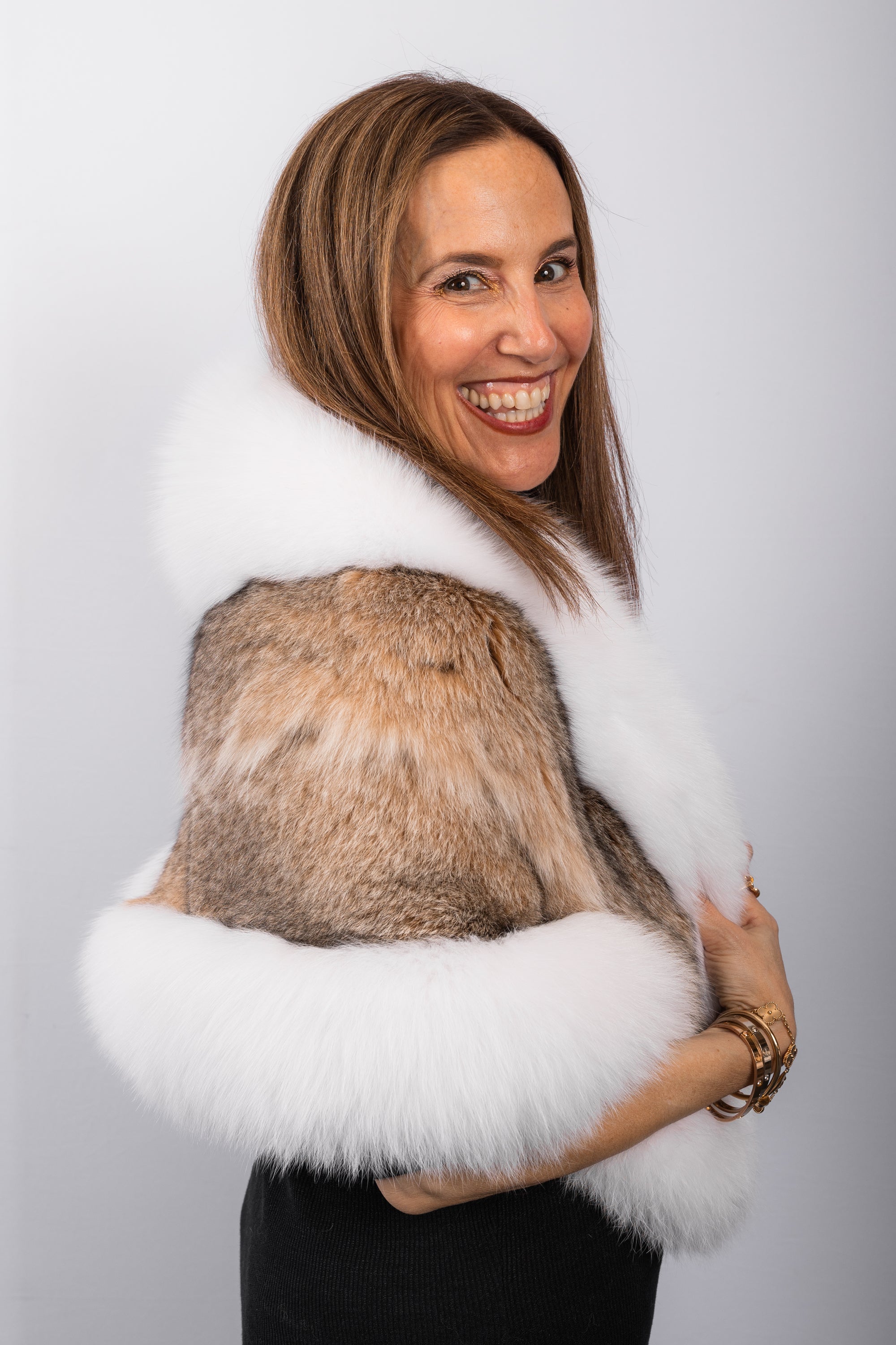 Natural Lynx Cat Wrap with White Fox Fur Trim