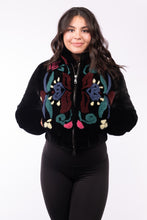 Load image into Gallery viewer, Black Mink Baseball Jacket with Mink Floral Design
