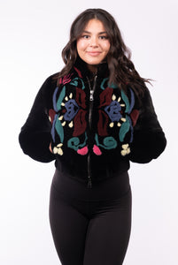 Black Mink Baseball Jacket with Mink Floral Design