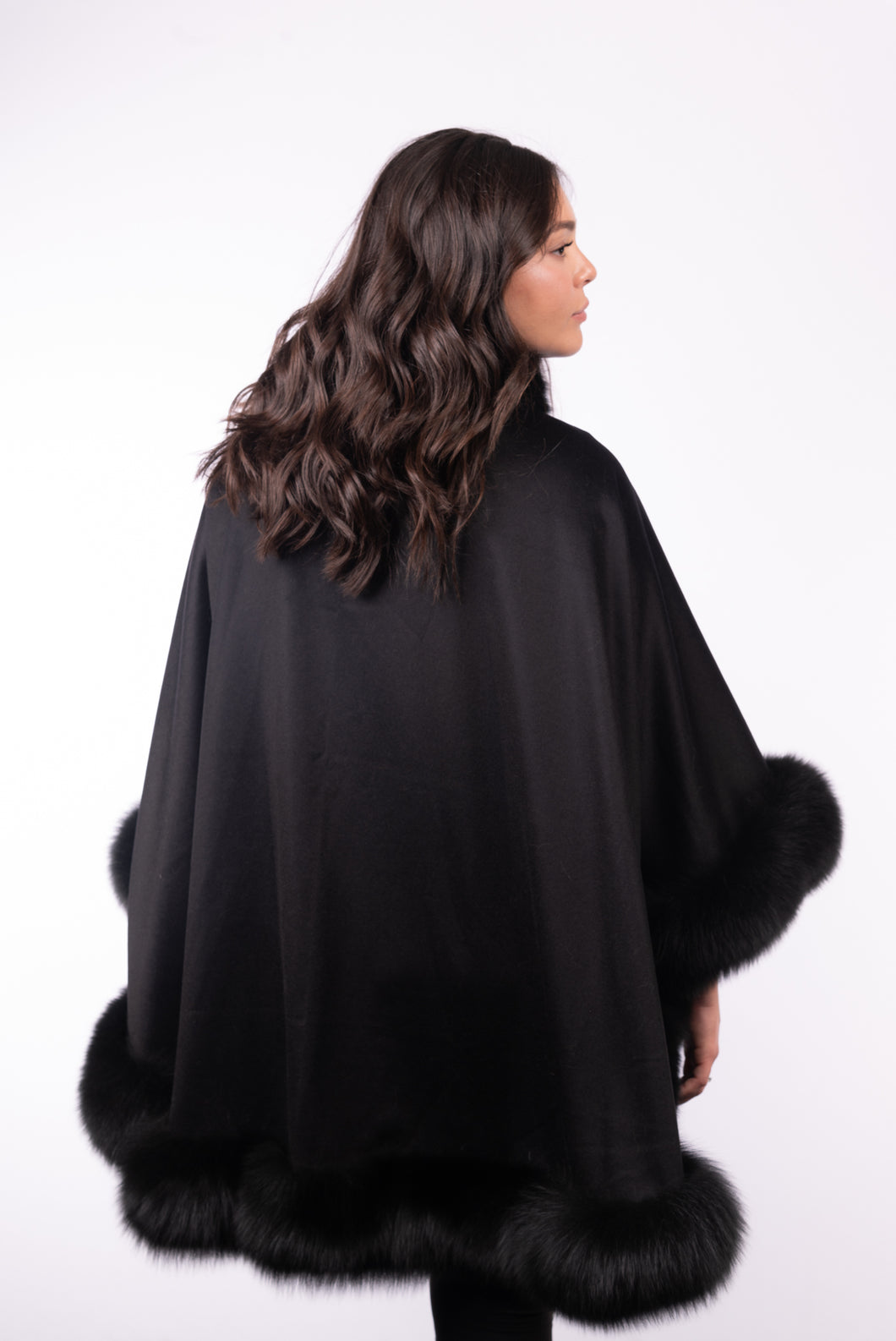 Cashmere Cape with Fox Fur Trim - Black (Long)