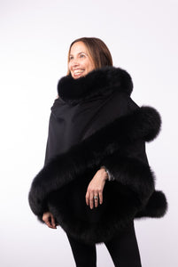 Cashmere Cape with Fox Fur Trim - Black