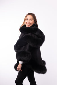 Cashmere Cape with Fox Fur Trim - Black