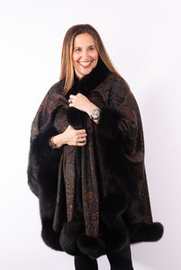 Cashmere Cape with Fox Fur Trim - Paisley