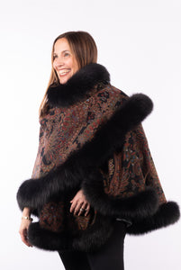 Cashmere Cape with Fox Fur Trim - Paisley