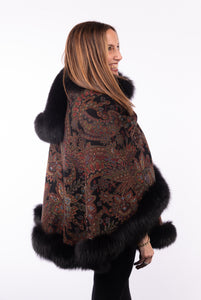 Cashmere Cape with Fox Fur Trim - Paisley