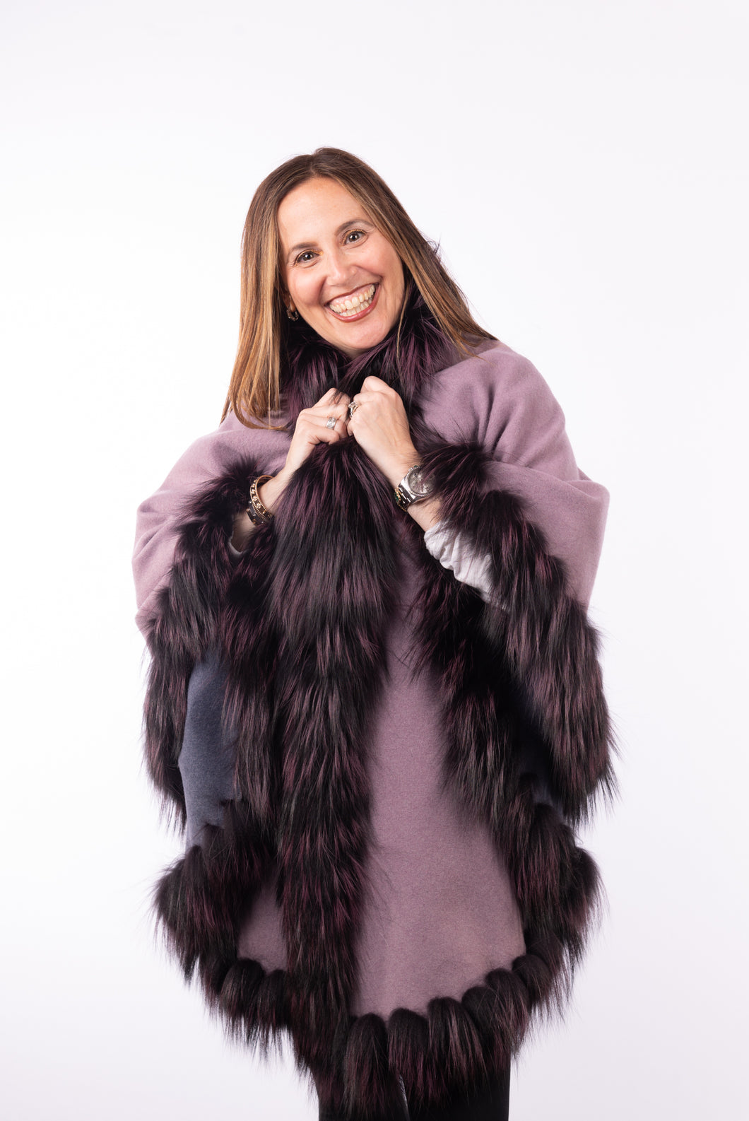 Cashmere Cape with Fox Fur Trim - Purple (Reversible)