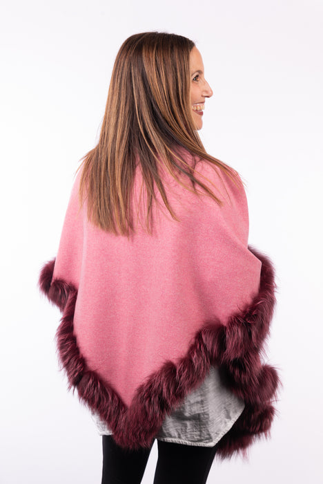 Cashmere Cape with Fox Fur Trim - Pink/Cream (Reversible)