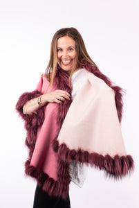 Cashmere Cape with Fox Fur Trim - Pink/Cream (Reversible)