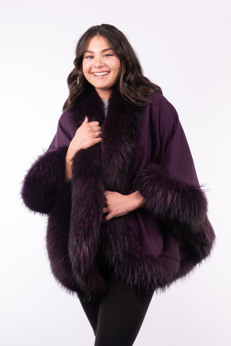 Cashmere Cape with Fox Fur Trim - Purple