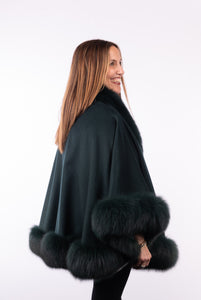 Cashmere Cape with Fox Fur Trim - Emerald