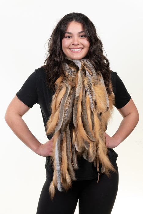 Toffee/Chinchilla Rex Rabbit Scarf with Red Fox Fur Fringes