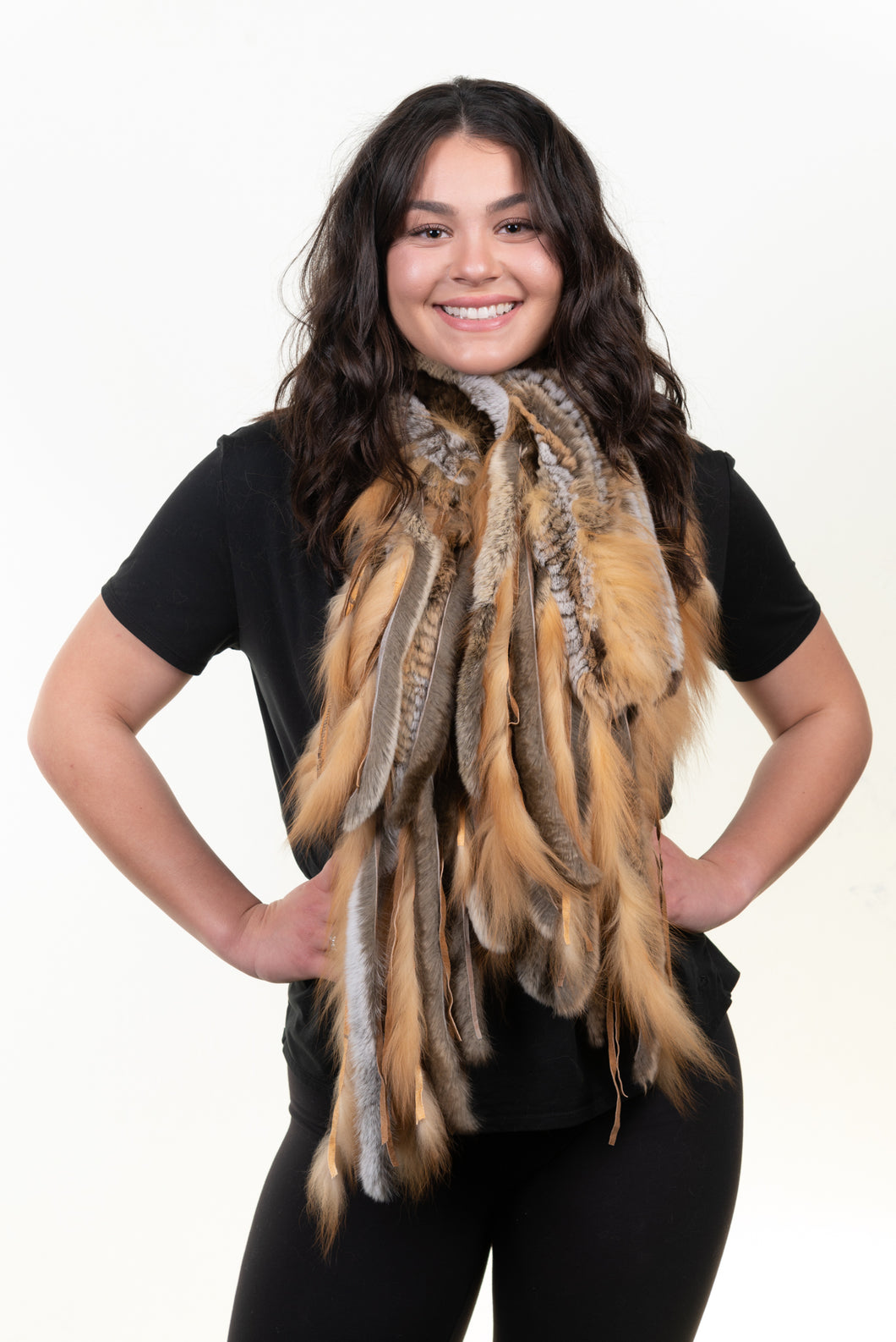 Toffee/Chinchilla Rex Rabbit Scarf with Red Fox Fur Fringes