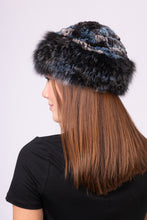 Load image into Gallery viewer, Denim/Charcoal Rex Rabbit Hat with Dyed to Match Fox Fur Trim
