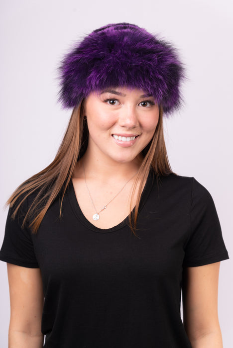 Purple/Black Rex Rabbit Hat with Dyed to Match Fox Fur Trim