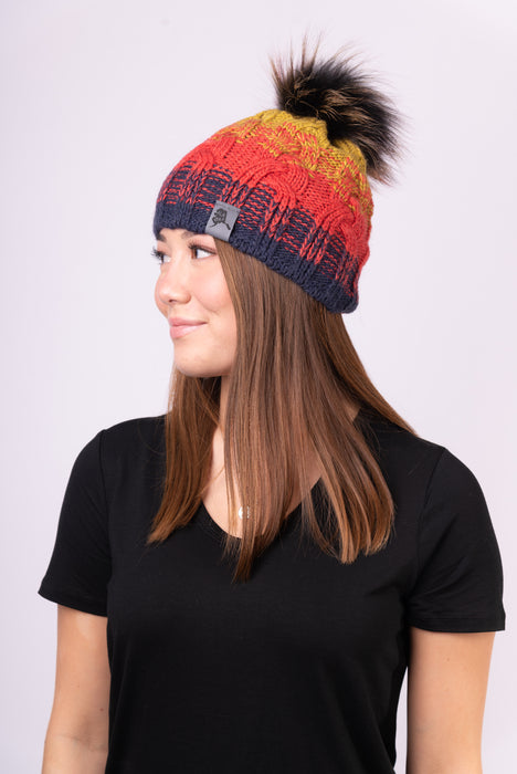 Cable Knit "Alaska" Hat with Fox - Alaskan Sunset