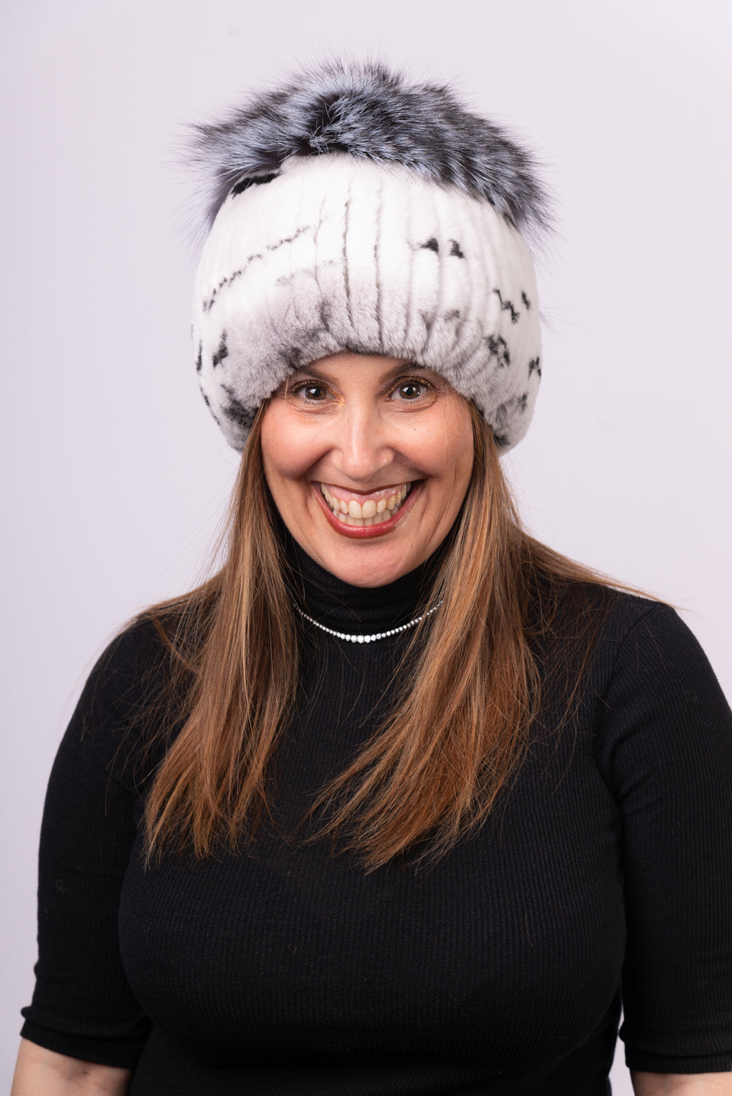 Rex Rabbit Hat with Silver Fox Fur Top - Chinchilla/White