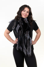 Load image into Gallery viewer, Black Rex Rabbit Scarf with Silver Fox Fur Fringes
